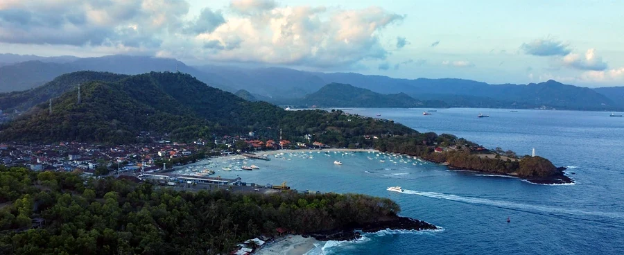 Aerial view of Padang Bai on Bali’s east coast, base for daily dive trips